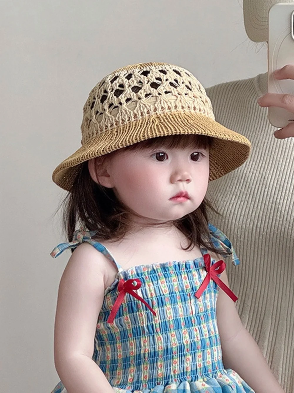 Girls Beige Crochet Straw Sun Hat